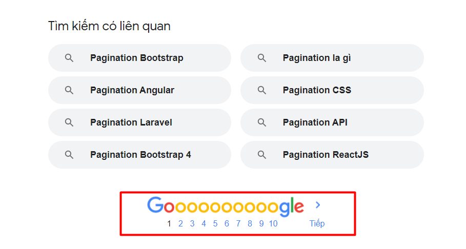 Google là ví dụ điển hình nhất cho việc sử dụng thuật toán phân trang Pagination khi hiển thị kết quả tìm kiếm