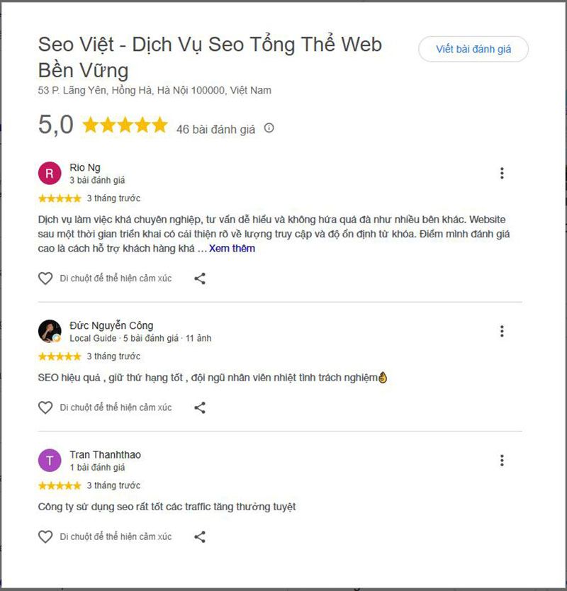 Các đánh giá công khai của khách hàng về SEO VIỆT trên Google Maps.